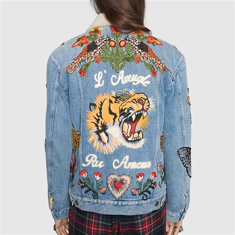 gucci embroidered bird jacket|Gucci tiger denim jacket.